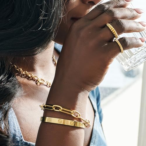 CIUNOFOR 14K Gold Plated Alternate Oval & Round Link Bracelets for Women, Non‑Tarnish Chunky Chain Charm Bracelet, Minimalist Stackable Layered Link Jewelry for 6.5”‑7.3” Wrists