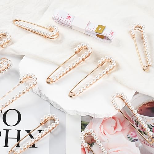 Faux Pearl Safety Pins, 10pcs 2.95inch Sweater Shawl Clip Brooch Pins for Women Clothing Dress Pants Skirt Waist Pants Extender Dressing Accessories (Gold)