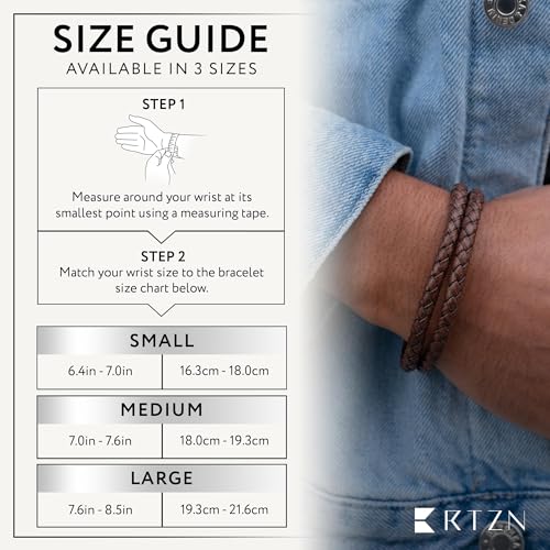 RTZN® Brown Leather Bracelet for Men – Premium Artisan Handcrafted Mens Leather Bracelet – Multi-Stand Mens Bracelet Leather Collection | Beaded Tiger Eye, Silver Chain, and Braided Brown Leather - color: Double Braided, size: Small