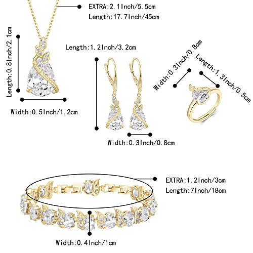 Jewelry Set for Bride, Sparkling Water Drop Cubic Zirconia Crystal Pendant Necklace Leverback Earrings Tennis Bracelet Adjustable Ring Gift for Wedding/Birthday/Mother's Day/Christmas - color: 09-Clear Gold-Plated-Brass
