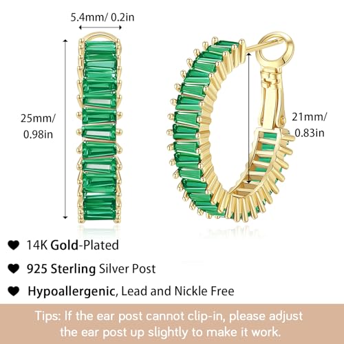 Trendy 14K Gold Plated Hoop Earrings for Women, Chunky Gold/Silver Earrings for Women Cubic Zirconia Baguette Hoop Earrings Heart Hoops Lightweight Hypoallergenic Jewelry,25mm/35mm/40mm/50mm - color: 01 Gold Green Hoops 25mm