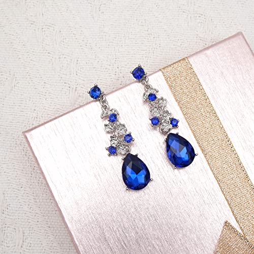CSY Elegant Crystal Costume Jewelry Sets Flower Bridal Necklace Earrings Stretch Bangle Set for Bride Bridesmaid Wedding Dress Accessories - color: royal blue crystal-platinum tone