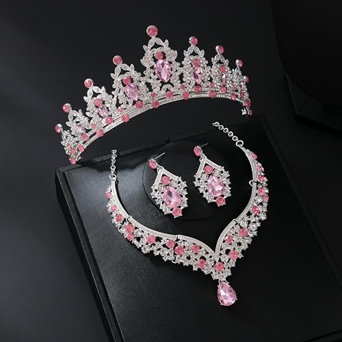 Tiaras and Crowns for Women,Tiaras Earrings Necklace, Crystal Bridal Jewelry Set - color: Pink