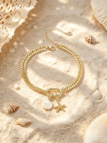 Anklets for Women Waterproof, 14K Gold Plated Anklet Non Tarnish | Ankle Bracelet for Women with Removable Starfish Shell Charms, Cuban Link Anklet for Big Ankles, Summer Beach Jewelry - style: Style2