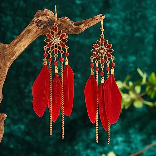 Boho Long Feather Earrings Long Tassel Drop Dangle Earrings Set for Women,Bohemian Gold Dangling Long Handmade Feather Dream Catcher Earrings - color: Red