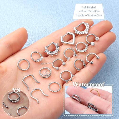 Besteel Hypoallergenic Septum Rings 16G 8mm Surgical Steel Clicker Nose Rings Hoops Set Small Lip Cartilage Helix Daith Piercing Jewelry for Women Men 16 Pcs Gold Silver Black - color: Silver