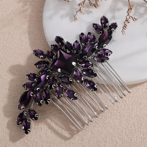 Square Rhinestone Hair Comb Silver Gold Rhinestone Wedding Headpiece Handmade Crystal Bridal Hair Comb Bridal Hairpiece for Brides Bridesmaid (purple) - color: purple