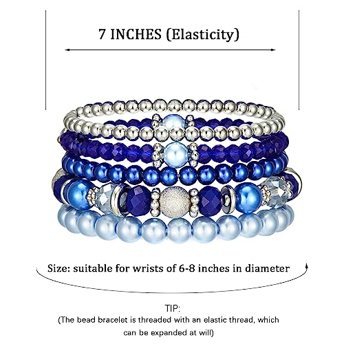 Noessla Beaded Pearl Stretch Bracelet Silver Stackable Crystal Beads Bracelets Trendy Costume Jewelry Mothers Day Gifts for Women - color: Sapphire