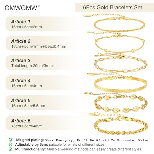 18K Gold Plated Necklace Bracelet Set Womens Stackable Adjustable Stainless Steel Minimalist Modern Everyday Jewelry Gift Gold and Silver - style: 6 Pcs Glod Bracelets