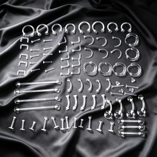 82-Pack Clear Piercing Retainer Bioflex Plastic Body Jewelry | for Nose Eyebrow Lip Septum Ear Navel Tongue Discreet Industrial Piercing Invisible Earrings for Surgery Sports