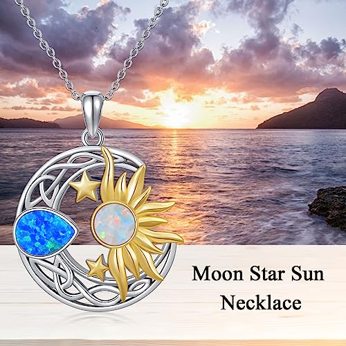 AOBOCO 925 Sterling Silver Moon Sun Star Necklace Celtic Jewelry for Women Girls - color: Silver&Gold&Blue White Opal