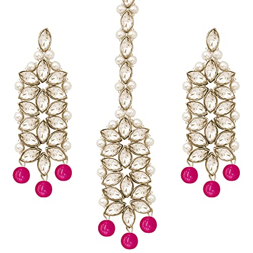 Aheli Wedding Party Wear Bridal Jewellery Choker Long Pearl Necklace Earrings Maang Tikka Indian Traditional Set Gift for Women - color: Rani Pink 1