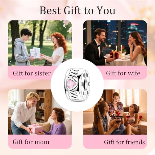 925 Sterling Silver Openable Clip Spacer Bead Fits Pandora Bracelet | Hypoallergenic Clip Stopper Charm, Star Clover Butterfly Floral Mom Heart Paved Zircon Gift for DIY Charm Bracelet Jewelry - color: Mom Pink Heart