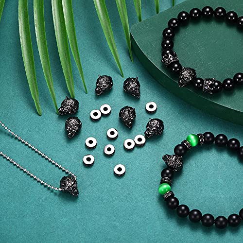 Hicarer 24 Pieces Wolf Head Charms Tibetan Animals Pendant Beads Hole Loose Bead Cubic Zirconia Spacer Connector Charm for Men Bracelet DIY Making Halloween (Black, Wolf Head)