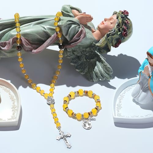 Rosary for Men Women, Natural Stone Beads with St. Benedict Bracelet | 8 mm Natural Stone Prayer Beads with 10 mm Accent Beads, St. Benedict Crucifix, Matching Bracelet, Gift Box and Pouch. - color: Yellow
