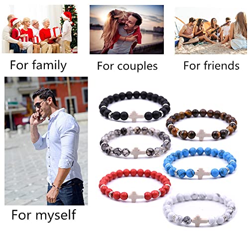Beaded Bracelets Cross Bracelet for Women Men Lava Rock Turquoise Tiger Eye Natural Bracelet Anxiety Healing - color: 6 Pcs- white cross