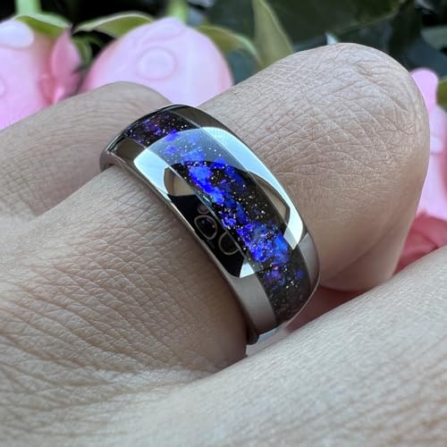 TUTISS 8mm Silver/Black/Gunmetal Tungsten Rings for Men Women Orion Nebula Opal Galaxy Fragment Inlay Fashion Jewelry Engagement Wedding Promise Band Polished Shiny Comfort Fit - color: 8mm Silver Tungsten