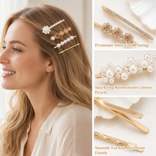 16 Pack Gold Rhinestone Pearl Decorative Bobby Pins Set Cute Hair Barrettes | Gold Hair Clips, Metal Hairs Pin, Small Fancy Bobby Pins for Women, White Bobby Pin, for Women