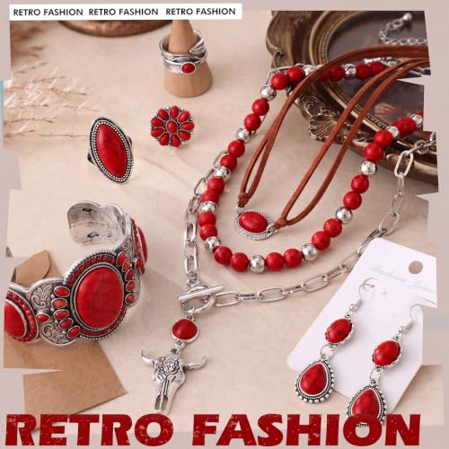 Ecally Bohemian Western Jewelry Turquoise Set Women Country Pendant Long Choker Layered Bracelets Earrings Ring for Women - color: Red, style: Shiny