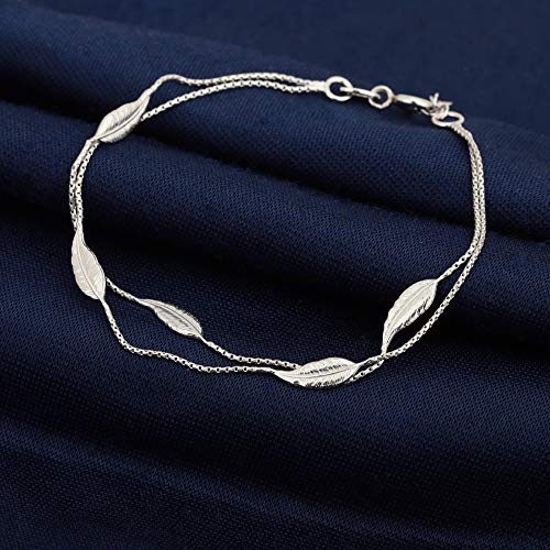 Vanbelle Genuine Sterling Silver Jewelry - Rhodium Plated with 925 Stamp - Designer Leaf Anklet - Elegant handcrafted Double layered Chain Bracelet for Women - 6.5" long + 1" extender