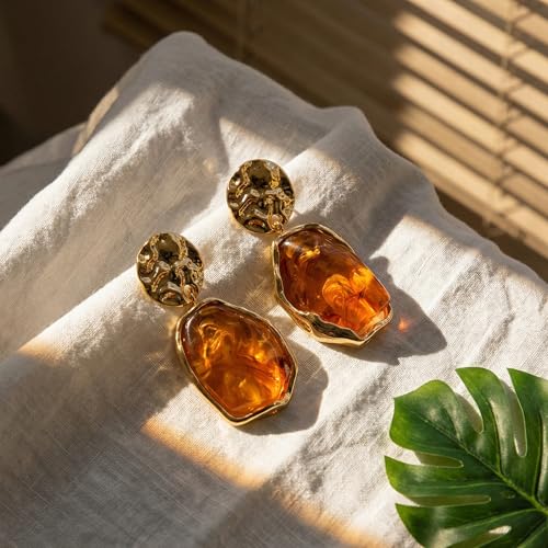 Trendy Orange Earrings for Women Resin Statement Geometric Drop | Radiant gold-tone hammered metal paired with warm amber hues.