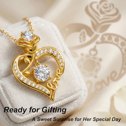 KQ&TTENG Heart Necklaces for Women 14K Gold Plating Hearts Necklace CZ Romantic Rose Pendant Mothers Day Anniversary Birthday Gift for Wife Mom Her - style: 15-Rose LOVE Necklace