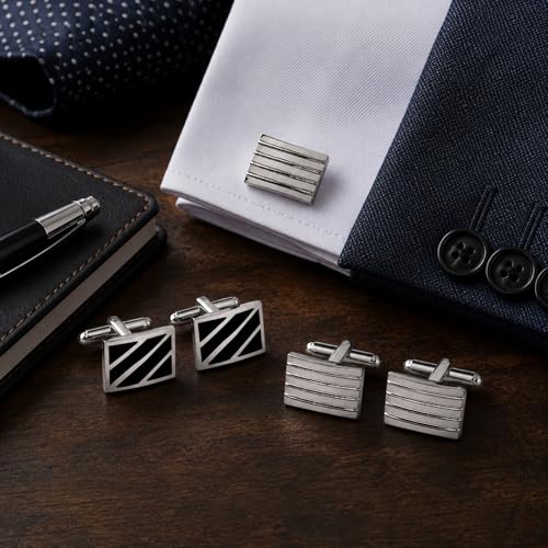 2 Pairs French Cufflinks for Men Luxury Silver Plated Rectangle Shirt Studs with Black Enamel Diagonal Stripes Business Tuxedo Suit Accessories Modern Grooved Line Set