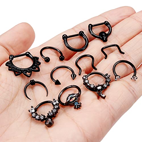 Vsnnsns 16G Septum Rings Piercing Jewelry 316L Stainless Surgical Steel Skull Flower Dangle Clicker Horseshoe Septum Nose Rings Hoop Piercing Jewelry for Women Men Silver Black Rose Gold 10mm - color: Black Tone