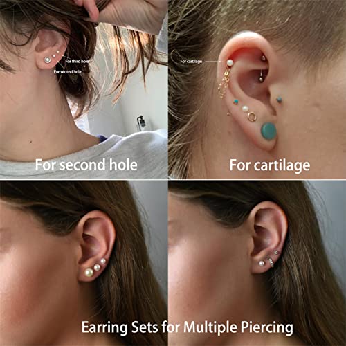 Dainty Flat Back Pearl Earrings for Women, 6 Pairs Flatback Pearl Earrings in 14K Gold Silver 3-8MM Studs Earring Sets for Multiple Piercing Hypoallergenic - style: 14K Gold - 4mm Pearl Earrings