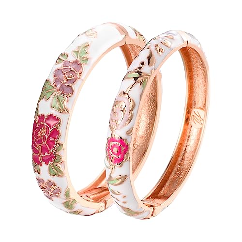 UJOY Cloisonne Bangle Colorful Enamel Filigree Rose Flower Hollowed Crystal Bracelet for Women Gifts 88A09 - color: 2 Pcs Set-C48-White