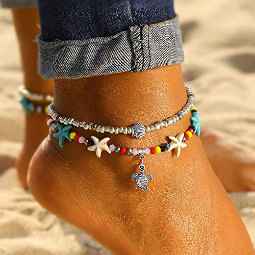 Softones Blue Starfish Turtle Anklet Multilayer Charm Beads Sea Handmade Boho Anklet Foot Jewelry for Women - style: A:Turtle 2