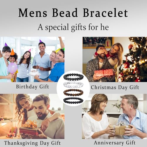 Mens Bead Bracelet Set - Adjustable Elastic Rope With 6&8MM Natural Stone Multi-Colored Beads - Tiger Eye Bracelets for Men - Gift - style: 4,white,black,tiger eye bracelet