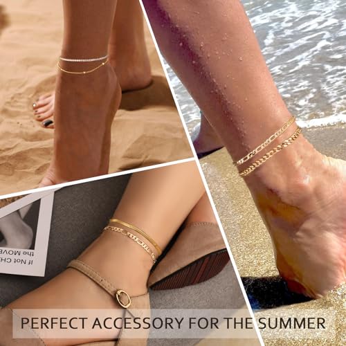 Gold Ankle Bracelets for Women,14k Gold Plated Anklets Waterproof Cuban Link Tennis Herringbone Beaded Chain Anklets Set Layered Anklet Bracelets for Women Adjustable Summer Beach Jewelry 5pcs - color: A:Gold cuban+bead+tennis+herringbone+figaro