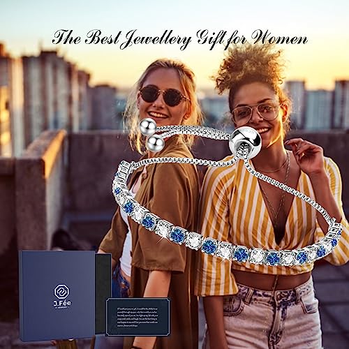 J.Fée Silver Bracelet, S925 Tennis Bracelet with Sparkling 5A Cubic Zirconia Silver Bracelets for Women Adjustable Bracelet for Women Bracelets Womens Bracelet Women Gifts for Women Mom - color: Silver Blue CZ