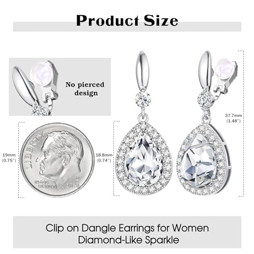 THUNARAZ Clip on Dangle Earrings for Women, Rhinestone Wedding Prom Jewelry | Clip Earrings Non-Pierced, Teardrop Dangle Earrings, Crystal Drop Earrings, Elegant Rhinestone Jewelry for Bride Bridesmaid - color: Silver Tone/Clear Stone