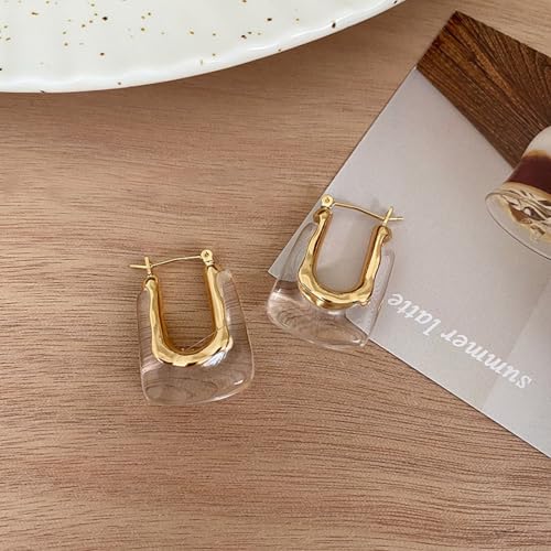 Clear Hoop Earrings for Women Gold Chunky Resin Earring Colorful Enamel Huggie Earrings Geometric Crystal Hoop Earrings Chunky Statement Trendy Jewelry - color: clear
