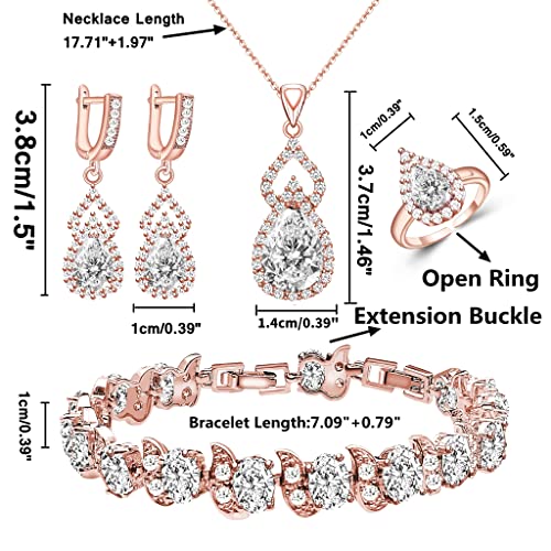 LMXXVJ Women Jewelry Set Platinum Plated Necklace Open Ring Earrings Bracelet Set,Birthday/Anniversary Mother’s Day Jewelry Gifts for Mom/Wife/Sister/Best Friend - color: Rose Gold-White