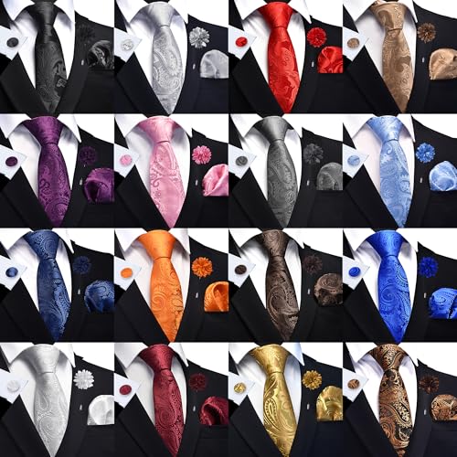 GUSLESON Paisley Tie Set for Men 3.15" Necktie Lapel Pin Hankerchief Cufflinks Set for Men - color: Black