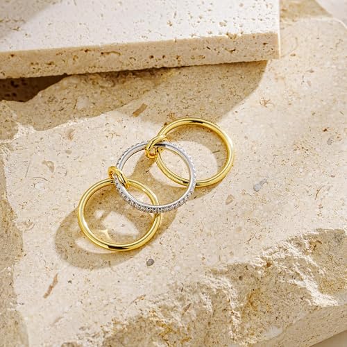 YOIHUR 14K Gold Plated Stackable Rings for Women Non Tarnish, 3 Ring Set with CZ Cubic Zirconia,Interlocked Stackable Rings,Gold and Silver Connected Bands Stacking Jewelry
