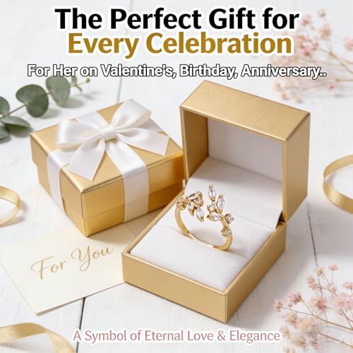 1 Pcs Gold Plated Crystal Leaf Rings,Adjustable Rings for Women,Leaf Ring,Adjustable Gold Tone Ring,Open Rings for Women,Best Friend Valentine's Day Gift for Girlfriend Wife(Gold)