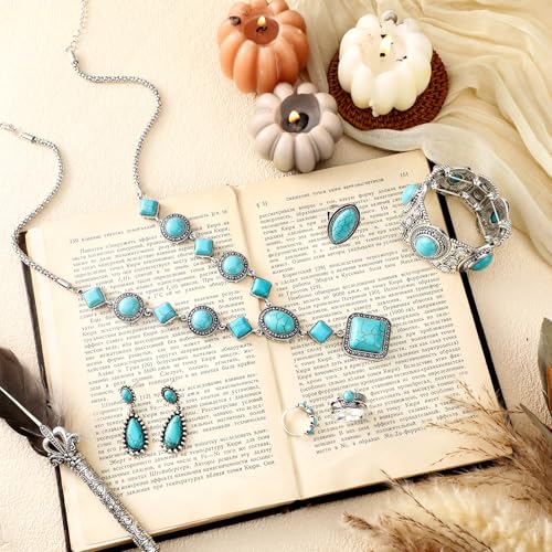 Ecally Bohemian Western Jewelry Turquoise Set Women Country Pendant Long Choker Layered Bracelets Earrings Ring for Women - color: Turquoise, style: Bright