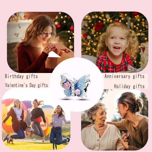 LNQOBU 925 Sterling Silver Charms for Bracelets Dangle Pendant fit Pandora Bracelets or Necklaces Jewelry Woman Gift Beads Charm (With one Spacer Beads) - style: Flower Butterfly Beading