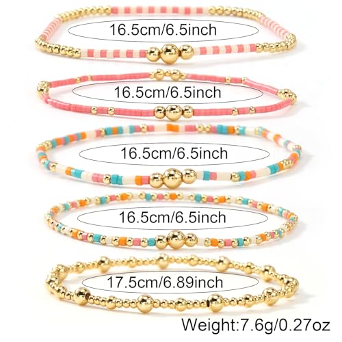 14K Gold Plated Beaded Bracelets Stack Set for Women,Stretch Boho Ball Jewelry Friendship Trendy - color: Gold pink