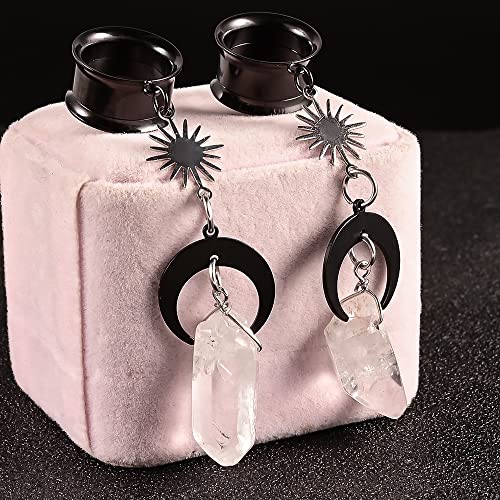 2PCS Moon-Pendant Natural Stone Stainless Steel Dangle Ear Plugs Tunnels Stretcher Piercing Body Jewelry - size: 25mm(1")