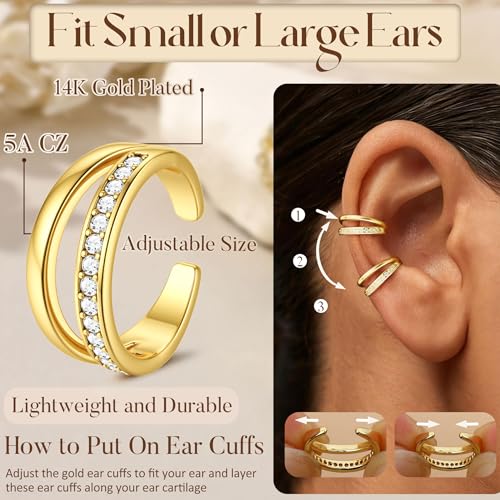 Florideco 4Pcs Ear Cuffs Non-Piercing for Women Dainty 14K Gold Plated Clip On Cartilage Earrings Hypoallergenic Huggie Hoop Cuffs Fake Earings for Non Pierced Ears - color: Double-14K Gold Plated