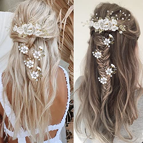 5 PCS Bridal Flower Wedding Hair Pins Crystal Pearl Hair Clips Headpiece Gold Wedding Hair Accessories Jewelry with Rhinestone for Brides Bridesmaids Women Girls Updo (Pure White Flower) - color: Flourish Flowers Series&Pure White Flower