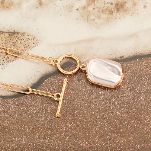 Aobei Pearl 18K Gold Plated Pendant Necklace for Women Dainty Gold Chain Choker Love Heart Disc Coin Pearl Cross Toggle Jewelry - style: Rectangle Pearl