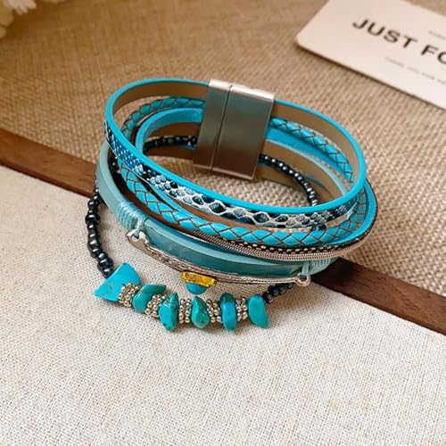 Long tiantian Boho Western Bracelets for Women Leather Wrap Bracelets Turquoise Bracelet Western Jewelry Country Concert Outfits - color: A4:blue