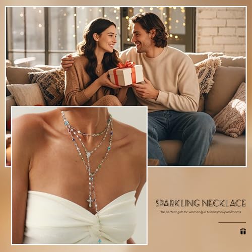 Layered Cross Necklace Set for Women, Layered Choker Necklaces Trendy Jewelry, Colorful Enamel Beaded Y-Shaped Lariat Necklace, Boho Multilayer Cross Necklace for Party and Daily Wear - color: Silver-06