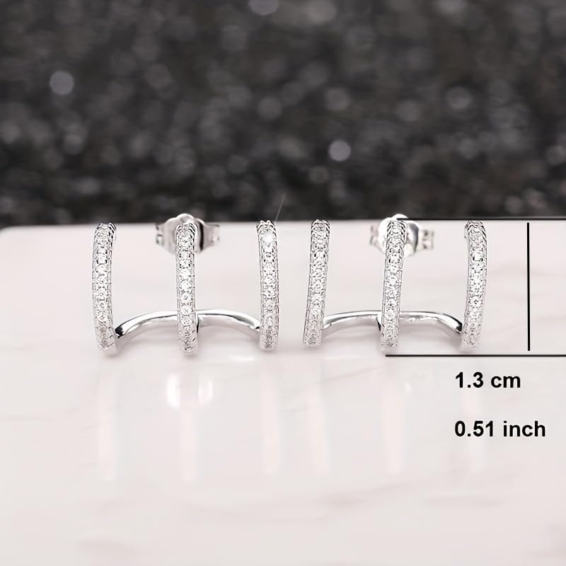Unique Zirconia Triple Hoop Stud Earrings for Women Daily Party Earrings Jewelry Gift - color: silver